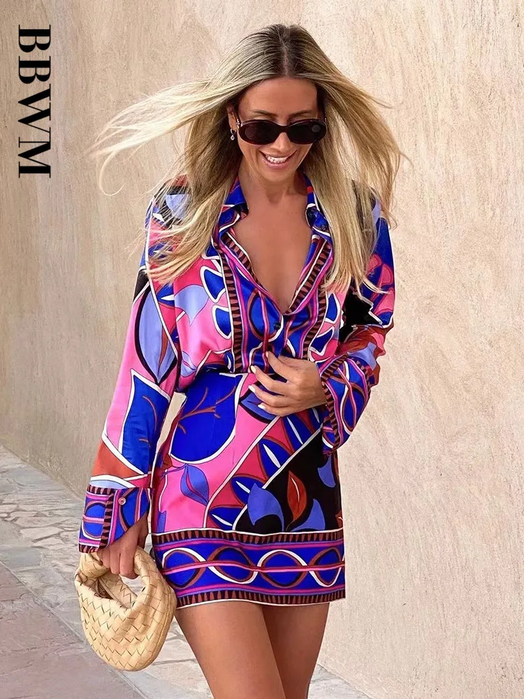 Женская однобортная блузка с длинным рукавом и принтом рубашка мини-юбкой шорты