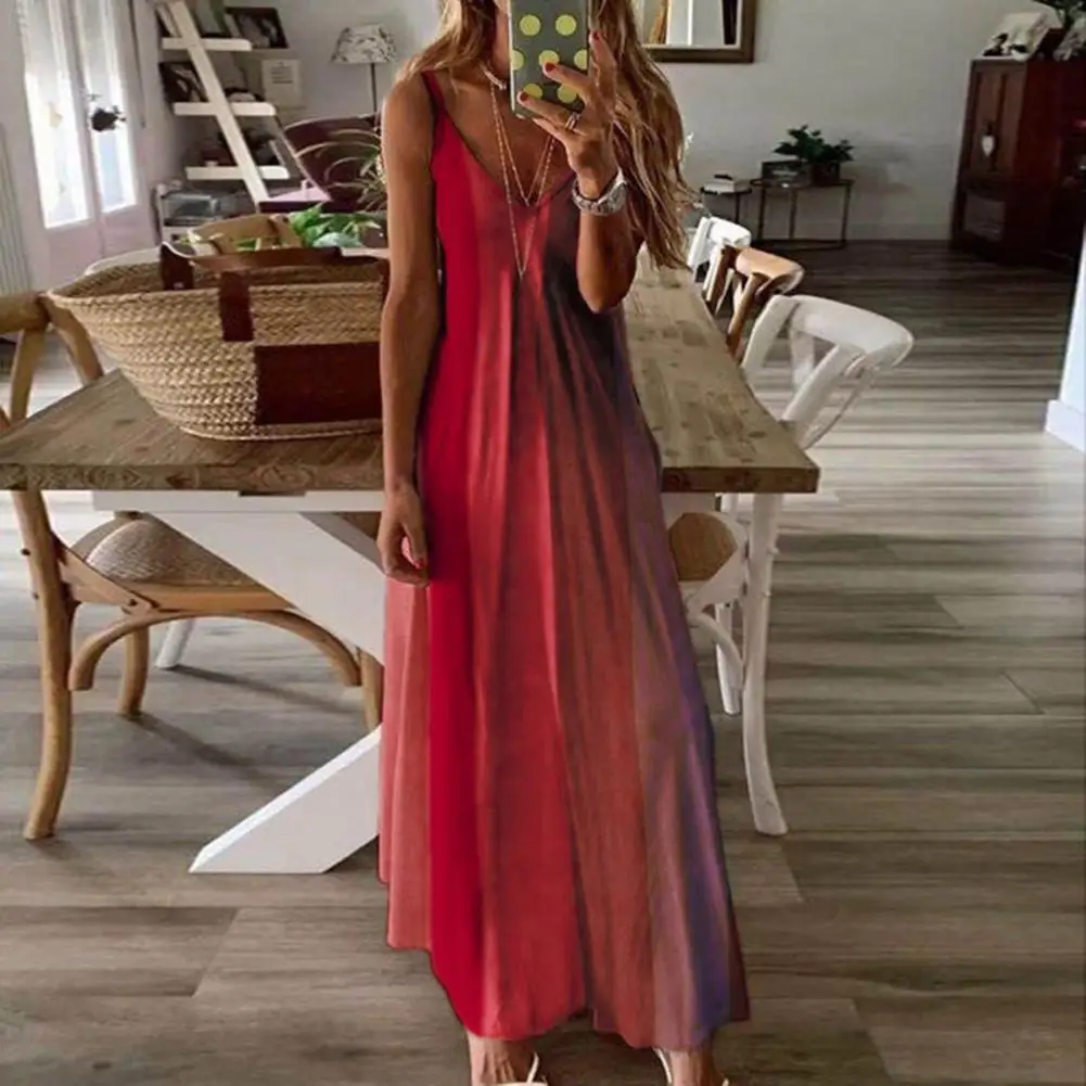

Women Beach Dress Pullover Spaghetti Straps Colorful Gradient Color Sleeveless Deep V Neck Loose Hem Prom Dress Daily Clothing