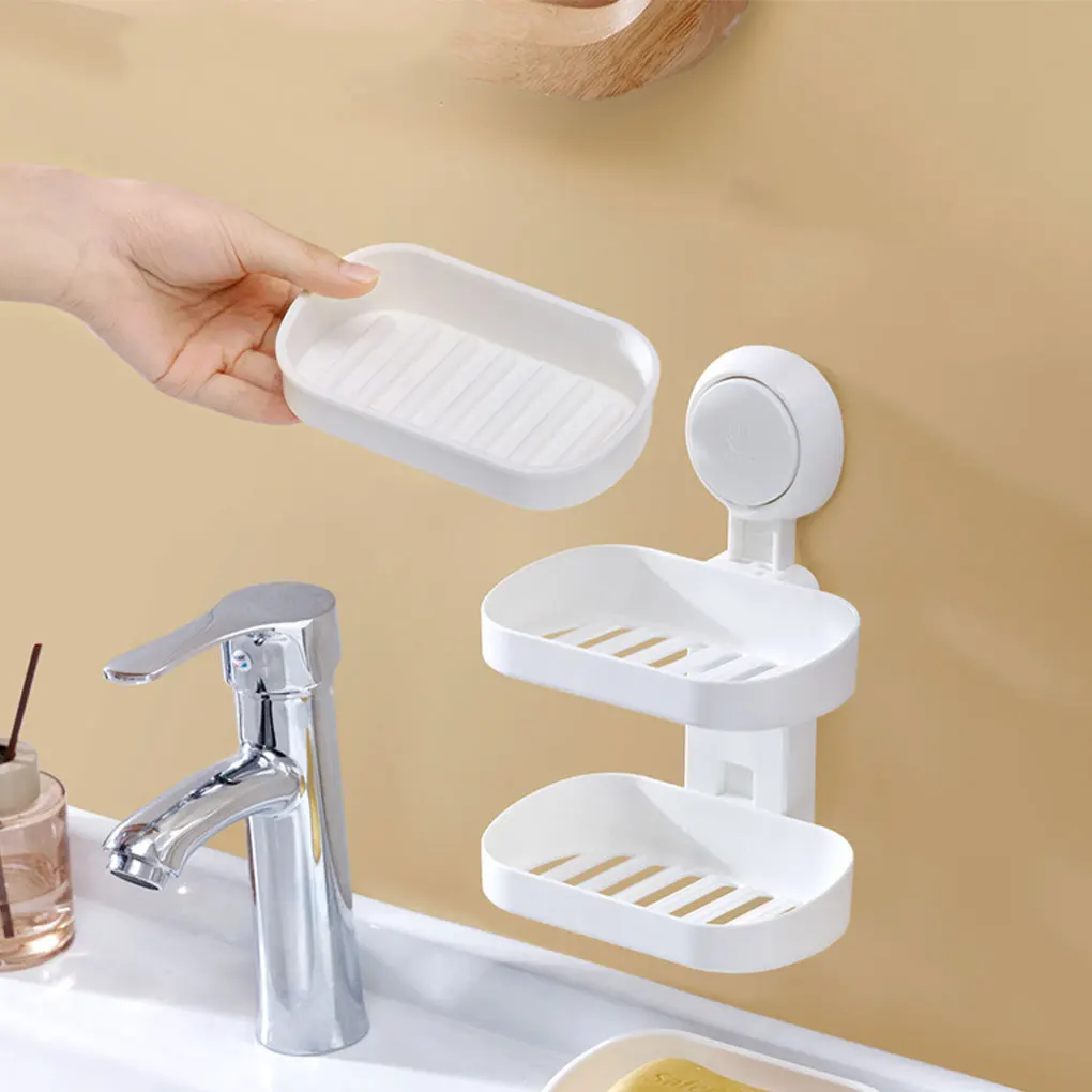 

Suction Cup Soap Holder Wall Box 2-layers Dish Shower Hollow Removable Hanging Tray for Bathroom Bathtub Accessories