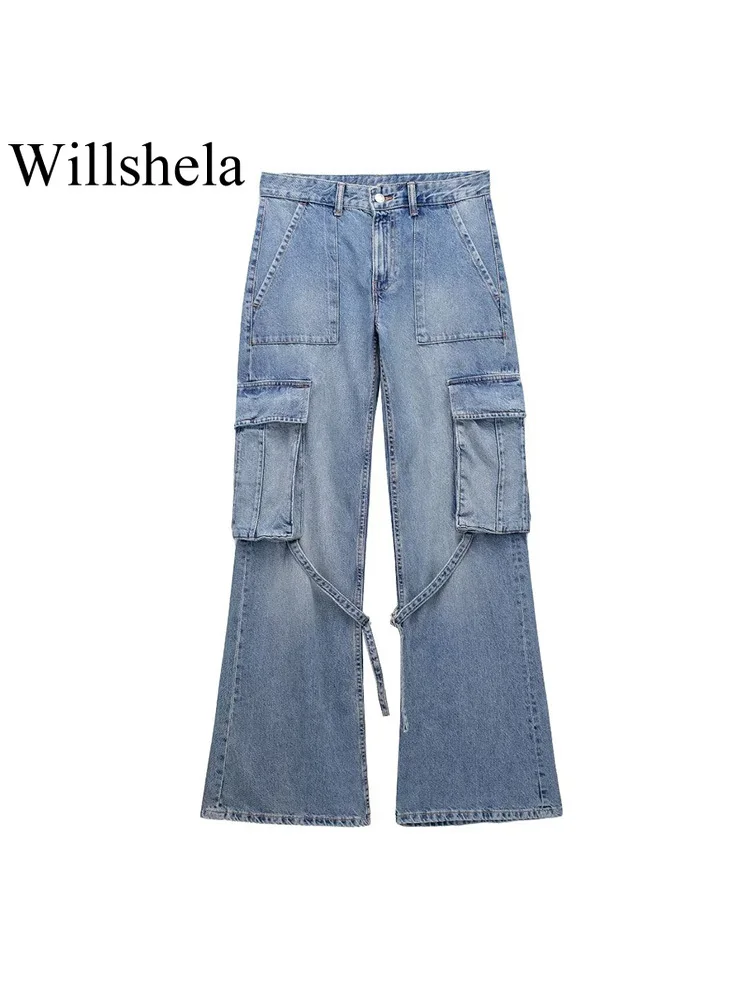 

Willshela/женские модные джинсовые брюки с карманами, синие джинсы на молнии спереди, винтажные брюки с высокой талией, длинные женские шикарные брюки
