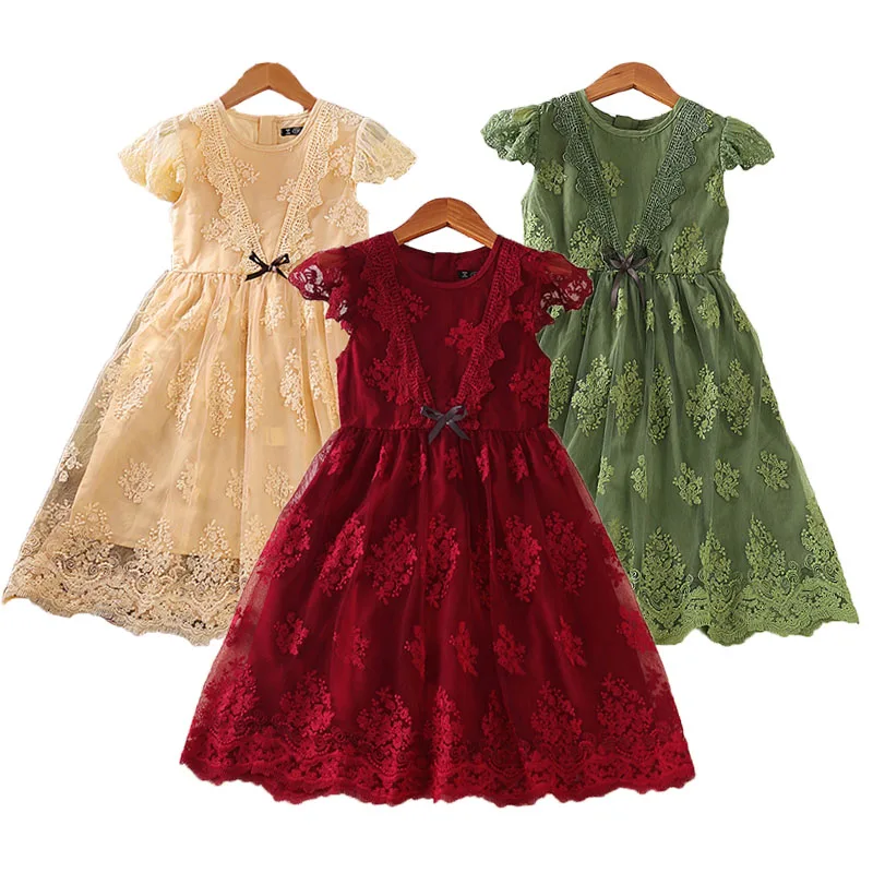 

New Summer Girls Dress Fashion Little Flying Sleeves Lace Embroidered Pattern Princess Dresses For 4-10 Years Kids Party Dress