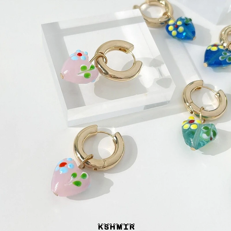 

Retro fashion coloured glaze love gold circle earring new temperament blue heart stud female contracted ear ornaments