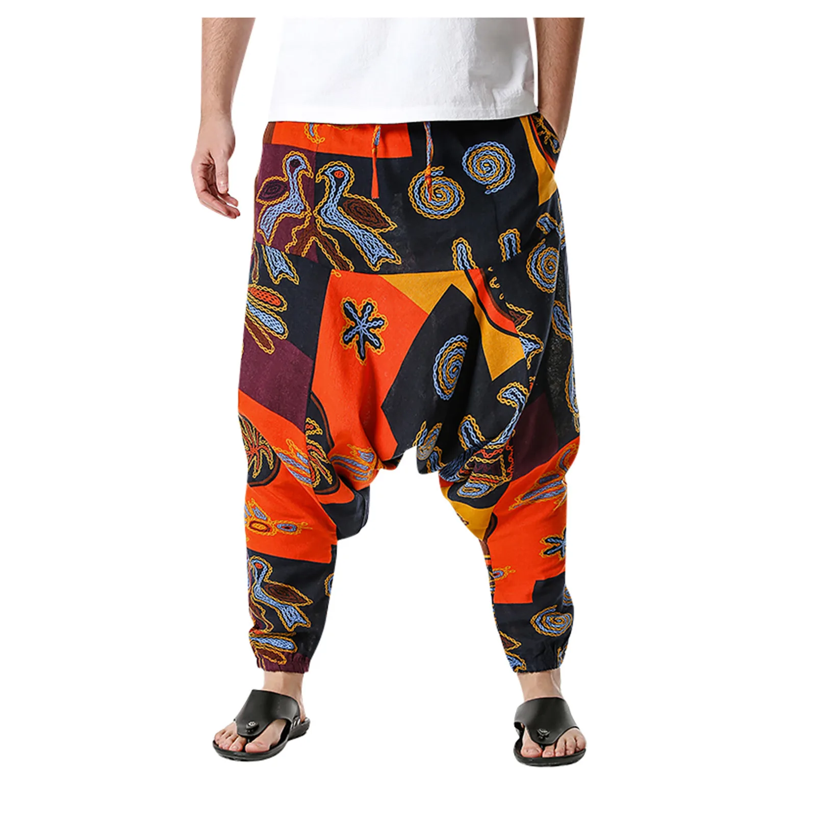 

Шаровары мужские из хлопка и льна, мешковатые брюки с широкими штанинами в стиле хип-хоп, повседневные свободные винтажные брюки в непальск...