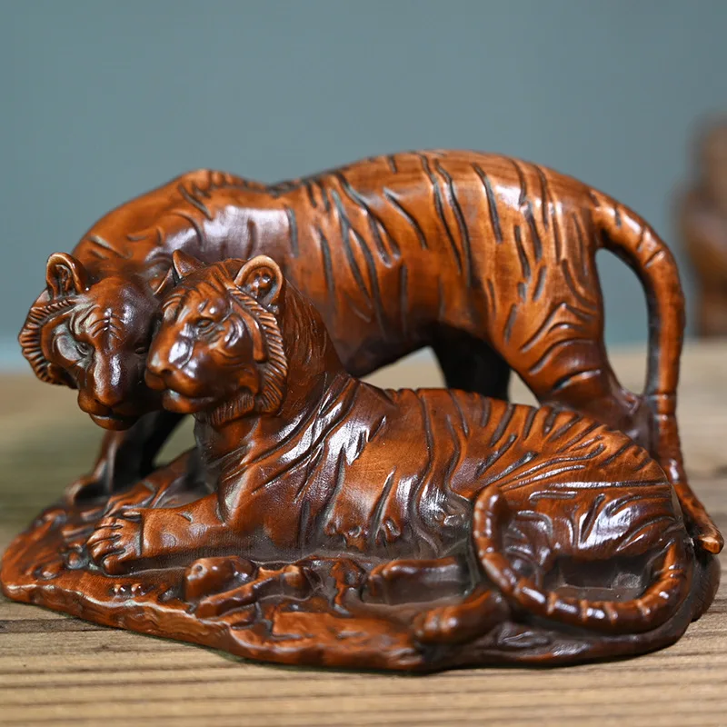 

13X8X7 CM Two Ferocious Tigers Boxwood Figurine Carving Zodiac Animal Feng Shui Sculpture Statue Sculpture Office Ornaments