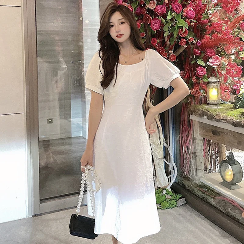 

Slim Fit Women's Sexy Dresses Summer 2022 New White O-Neck Elegant High Waist Dress Korean Style Female Clothing A-LINE Bohemian