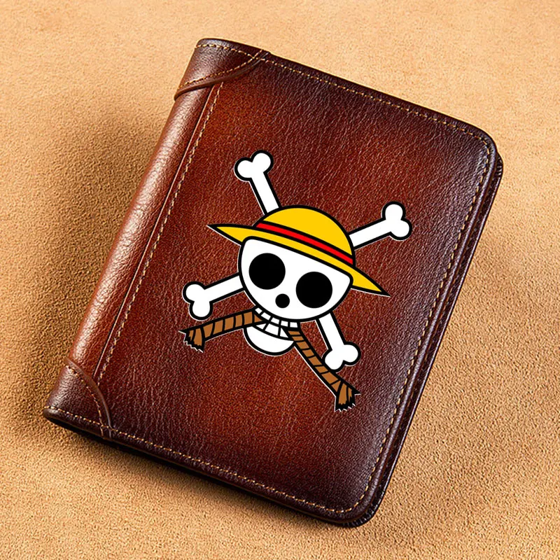 

High Quality Genuine Leather Men Wallets Anime One Piece Skull Printing Short Card Holder Purse Luxury Brand Male Wallet