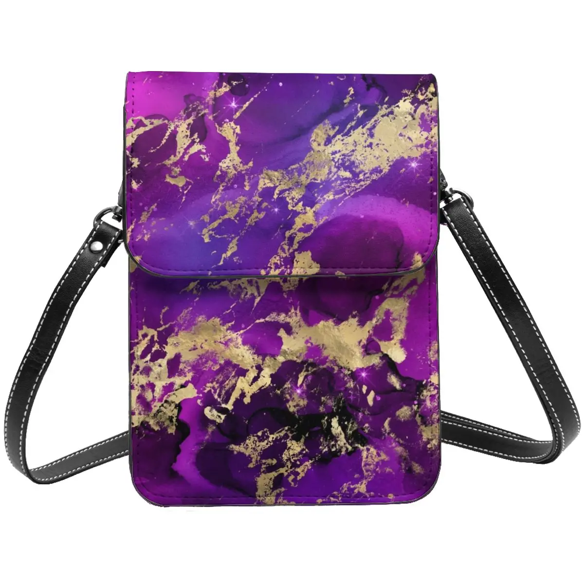 

Purple And Gold Splash Shoulder Bag Marble Galaxy Reusable Leather Business Mobile Phone Bag Student Bulk Bags