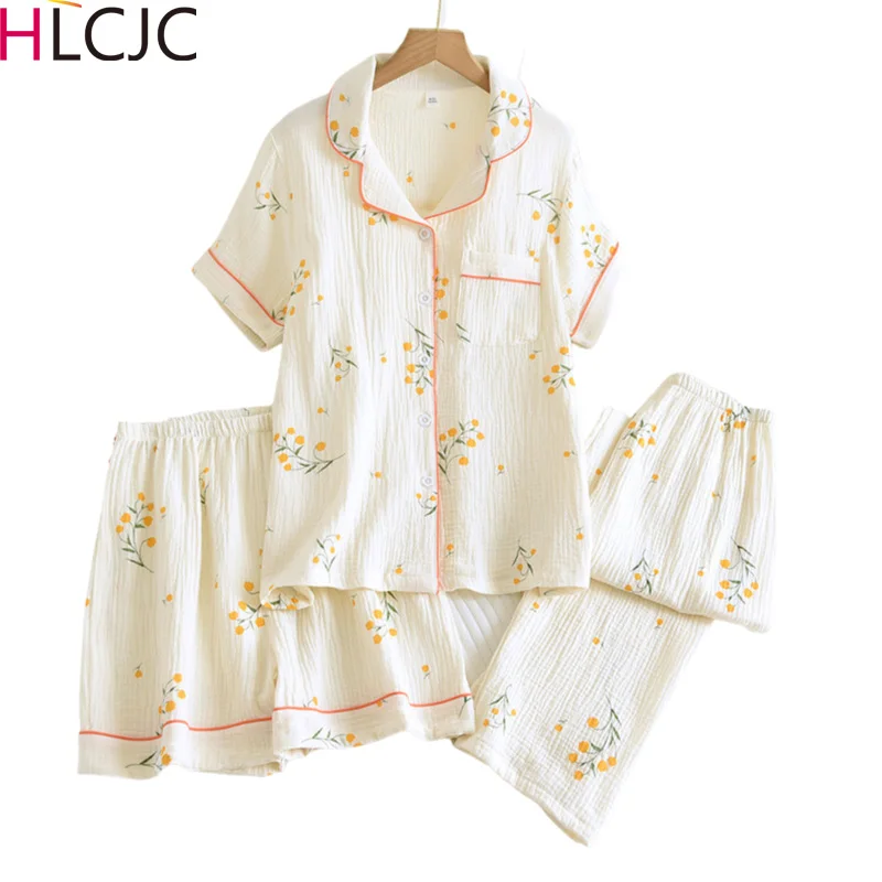 3 Pieces New Spring Summer Pajamas For Women 100% Cotton Crepe Print Homewear Set Simple Fresh Pyjamas Female Girls Home Suits