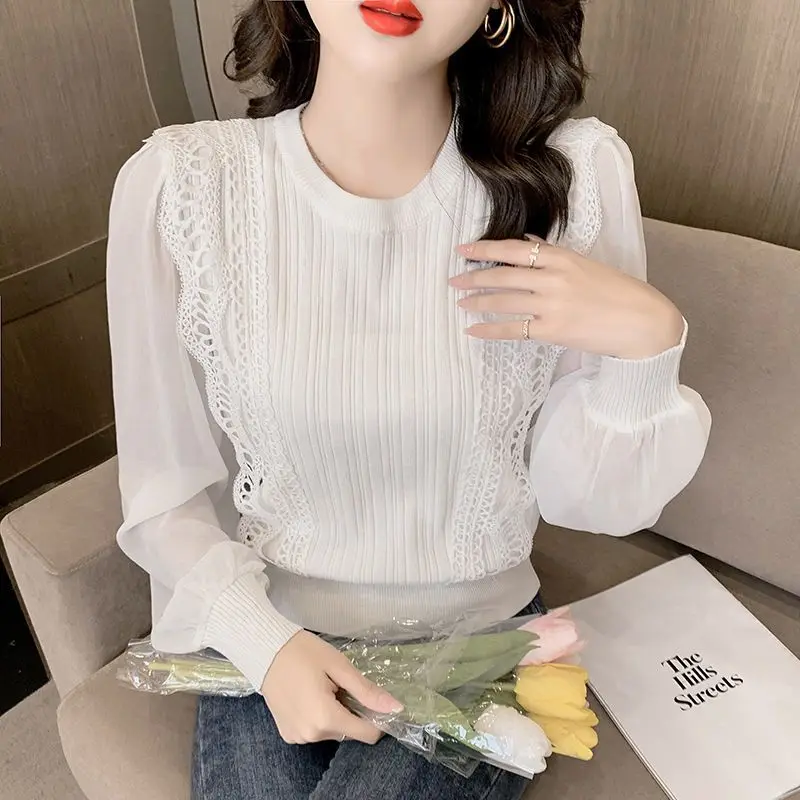 

Elegant O-Neck Spliced Loose Lace Ruffles Blouse Women's Clothing 2023 Spring New Korean Pullovers Knitted Office Lady Shirt