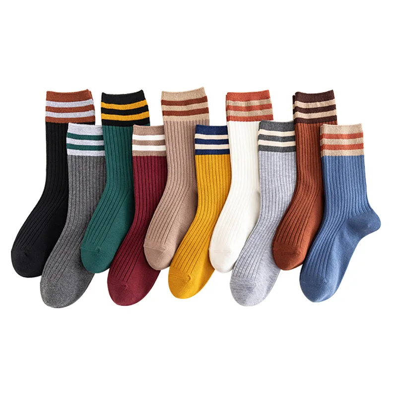 

Cotton Knitting Striped Long Socks Solid Color Harajuku Retro Black White Crew Socks Japanese High School Girls Cute Loose Socks