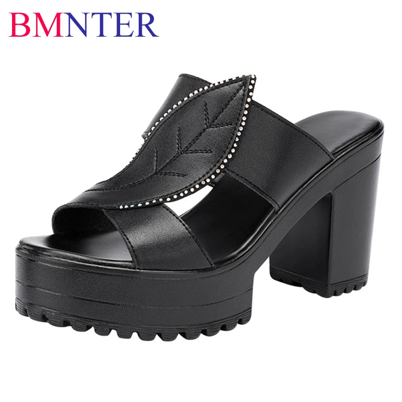 

10cm Small Size 32-43 Elegant Black Wedding Shoes Soft Leather Slippers 2023 Women's Block High Heels Sandals Slides for Office