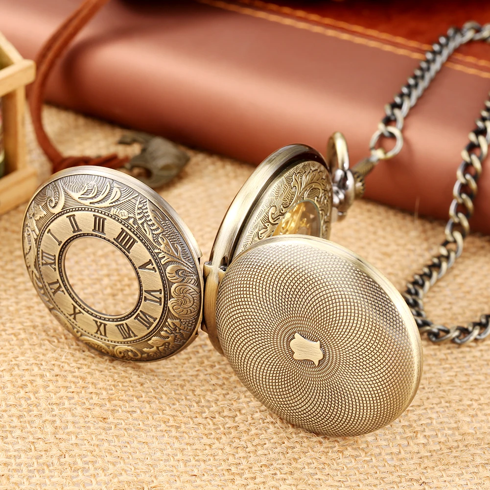 Double Cover Bronze Roman Numeral Carved Display Manual Mechanical Pocket Watch Luxury Vintage Antique Hand Winding Pocket Clock