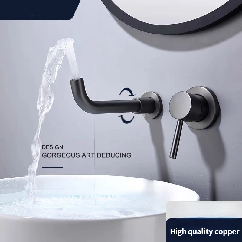 

Gun grey dark mounted wall washbasin faucet rotating nozzle faucet embedded hidden washbasin faucet