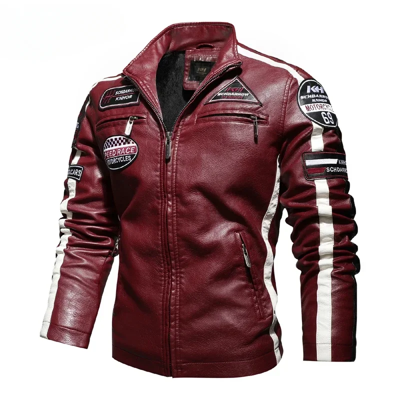 Winter Leather Jacket Men Coat Jackets Coats Faux Vintage Biker Bomber Red Windproof Motorcycle