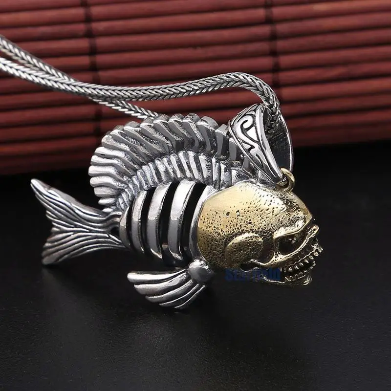 

S925 Sterling Silver Jewelry Thai Silver Domineering Piranhas Skull Pendant men's Single Trend Hollow Accessories