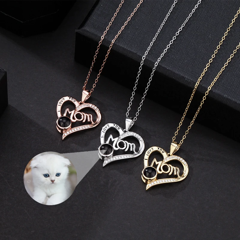 S925 Sterling Silver Personalized Custom Photo Projection Necklace I Love You Mom Letter Pendant Unique Gift for Mother