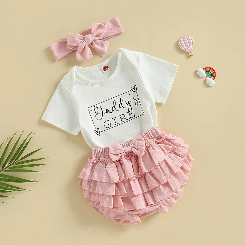

Baby Girls Summer Outfit White Short Sleeve Letter Print Romper + Layered Ruffle PP Shorts + Headband Set 0-18Months