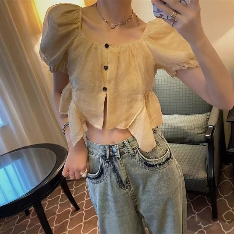 

2023 Spring and Summer New Short-sleeved Irregular Mesh Puff Sleeve Shirt Top Women