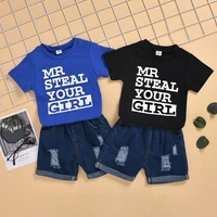 newborn boys outfit set childrens letter printing childrens suit 2022 boys short sleeve denim shorts with holes two piece set