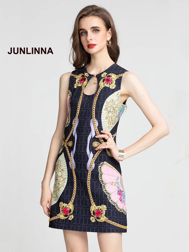 

JUNLINNA Fashion Runway Women Dress Sleeveless Hollow Out Summer Vestidos Printing and Rhinestone Beading Elegant High Street