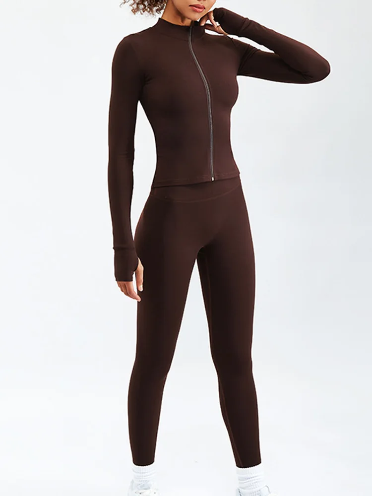 

ASHEYWR новые комплекты на молнии с длинным рукавом женский тонкий телесный чувственный эластичный Фитнес Комплект из двух частей леггинсы с высокой талией тренировочный костюм для женщин