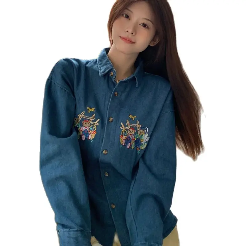 

Женское джинсовое пальто с вышивкой, универсальное демисезонное пальто с длинным рукавом, 2022