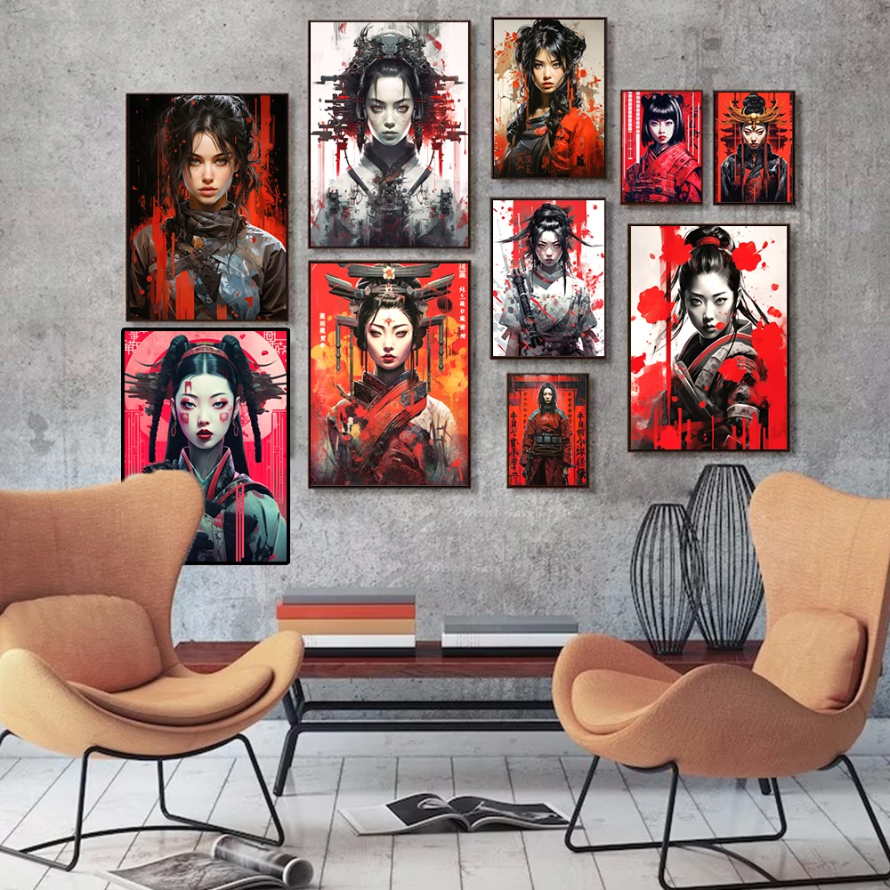 Японская Картина на холсте в стиле киберпанк самурайская девушка настенные