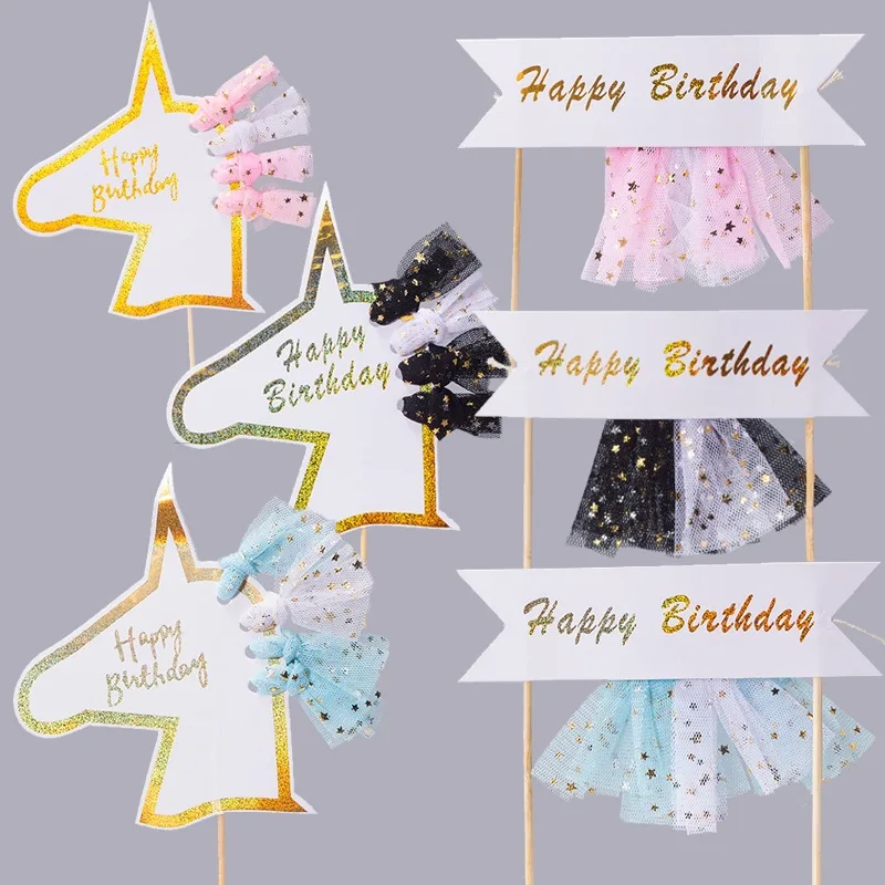 

Лидер продаж, золотой баннер в виде единорога для украшения торта на день рождения, три цвета, баннер на день рождения, небольшой флаг, украш...