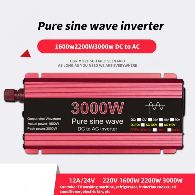 

Pure Sine Inverter 12V 220V 1000w/1600w/2200w/3000w LED Display Camping Emergency Inverter Conveter Universal Socket For Xiaomi