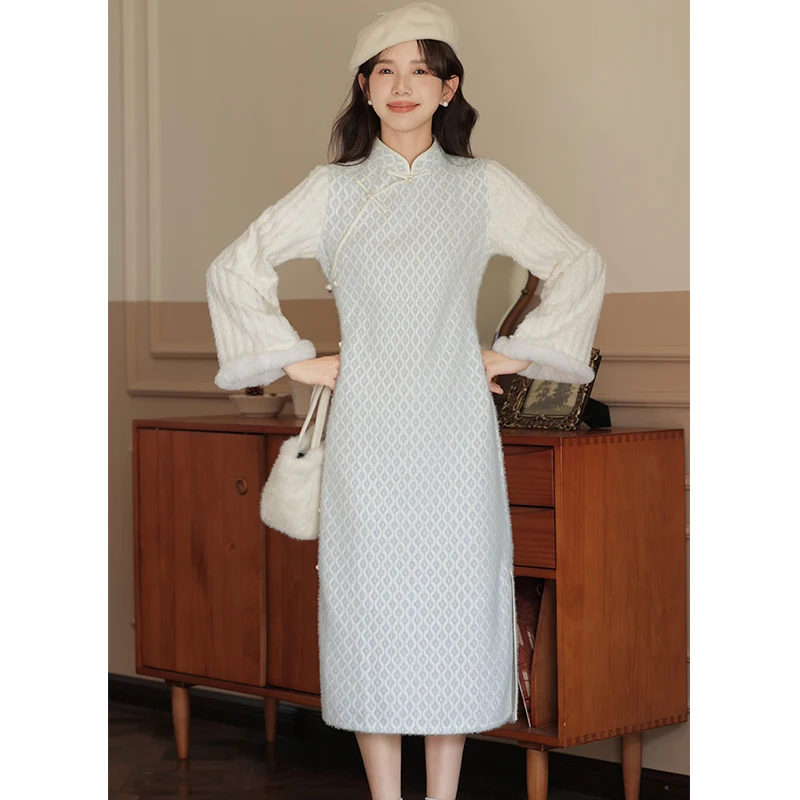 Новое китайское элегантное искусственное женское платье из двух предметов зима