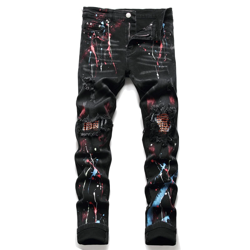 Splash Ink Painted Jeans Men's Spring/Fall Trend Hole Lined Embroidery Black Cat Whisker High Street Fashion Zipper New