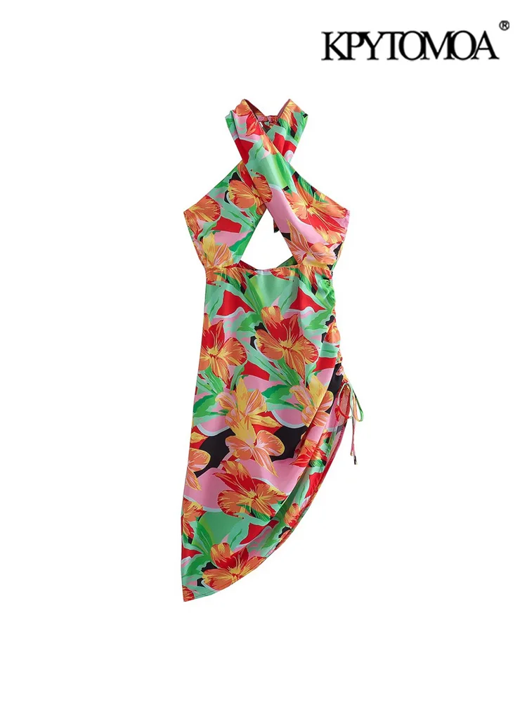 

KPYTOMOA женское модное с галстуком цветочный принт Асимметричное мини-платье винтажное с воротником хомутом и открытой спиной Женские Платья ...
