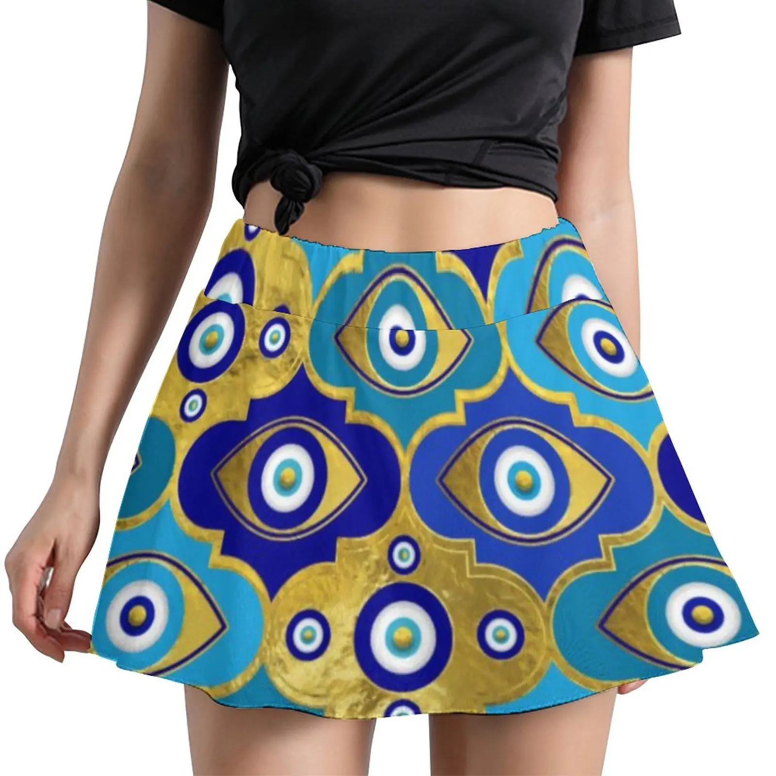 

Blue Evil Eye Print Skirt Women Nazar Charm Vintage Mini Skirts Spring Street Fashion High-waist Oversized Casual A-line Skirt