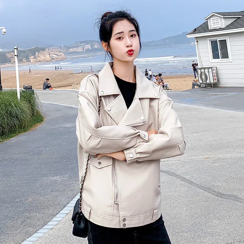 DUOFAN Faux Leather Jackets Woman Casual PU Motorcycle Black Coats Lapel Loose Ladies White Outerwear Jacket