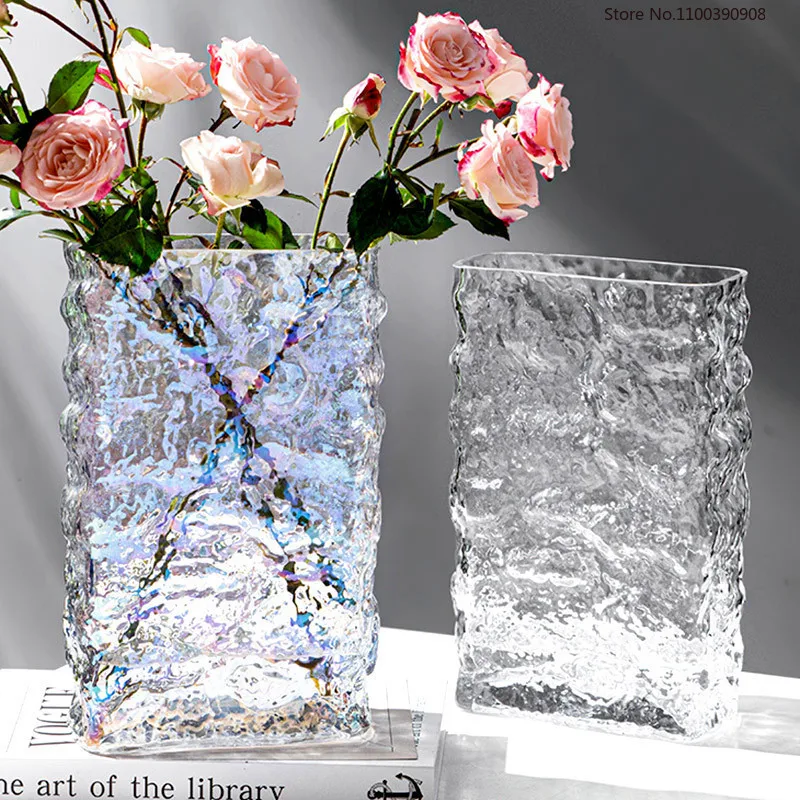 

Square Glacier Glass Transparent Vase Modern Minimalist Home Living Room Bedroom Flower Arrangement Container Glass Ornament