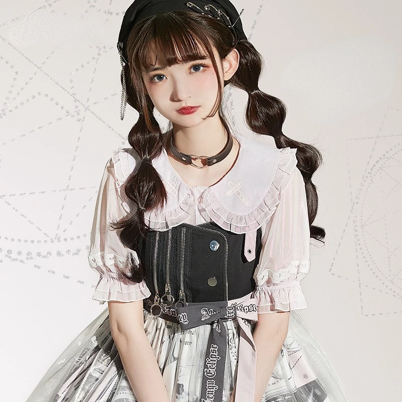 

Japan Sweet Lolita Blouses Women Kawaii Cute Lace Bow Peter Pan Collar Thin Chiffon Shirts Girls Harajuku Puff Short Sleeve Tops