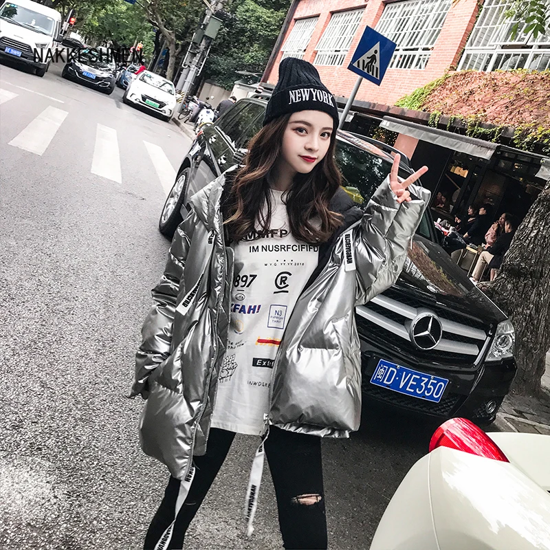 Winter Fashion Glossy Bright Down Parka Women's Hooded Coat Female Zip Jacket Large Size Loose Warm Thick Parka Women Jacket