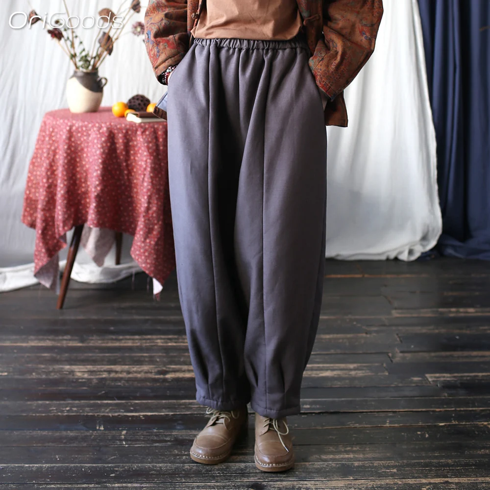 Женские зимние штаны из хлопка и льна X098 свободные утепленные флисовые брюки с