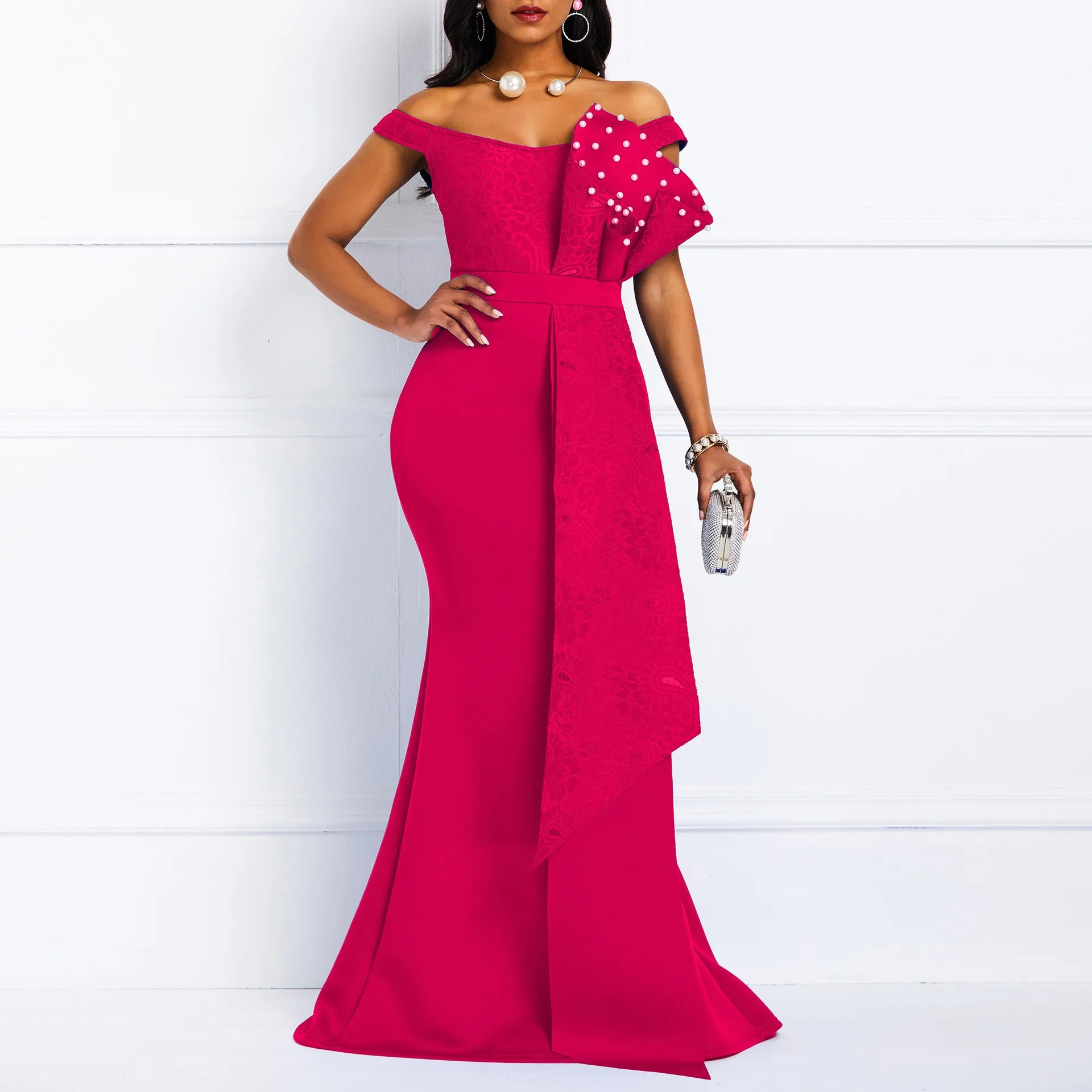 Bule Bodycon Off-Shoulder Women Dress 2023 New in Beaded Lace Mermaid Elegant Ladies Prom Wedding Evening Party Maxi Dresses