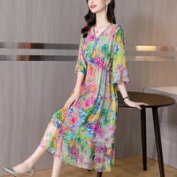 women boho print floral chiffon midi dress 2022 korean vintage causal party dress spring summer new light elegant beach sundress