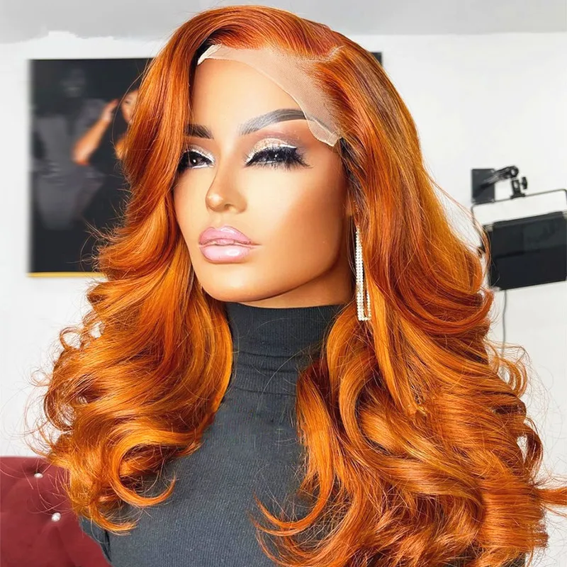 

Preplucked Soft 180%Density 26Inch Orange Body Wave Long Natural Hairline Glueless Lace Front Wig For Women Babyhair