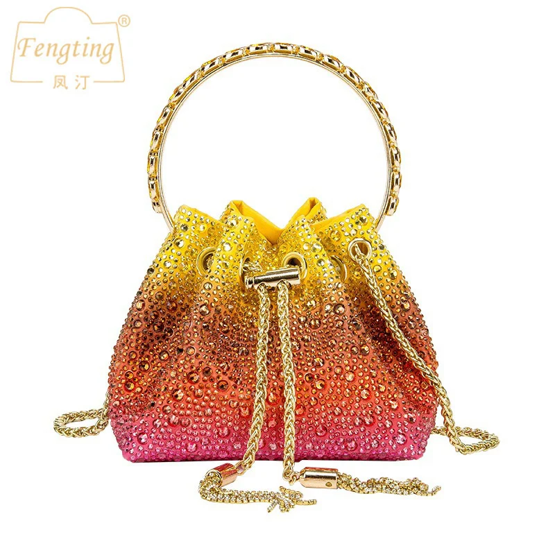 

Colorful Shiny Crystal Evening clutch Bag women luxury small bucket bag lady Party Purses and handbag Designer shoulder bag B503