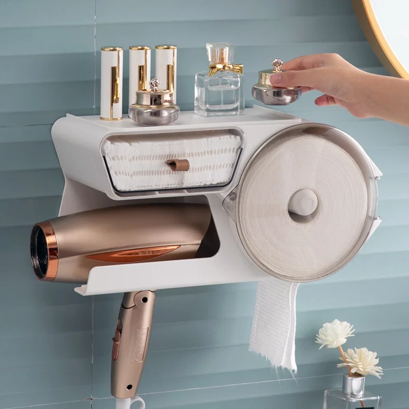 

Creative Toilet Punch-free Wall-mounted Hair Dryer Rack Bathroom Skin Care Products Face Towel Paper Storage Box Shower Holder