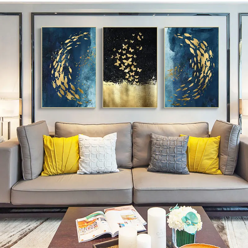 

Nordic Golden Fish Butterflies Wall Art Posters Abstract Canvas Painting Decorative Pictures For Interior Living Room Home Decor