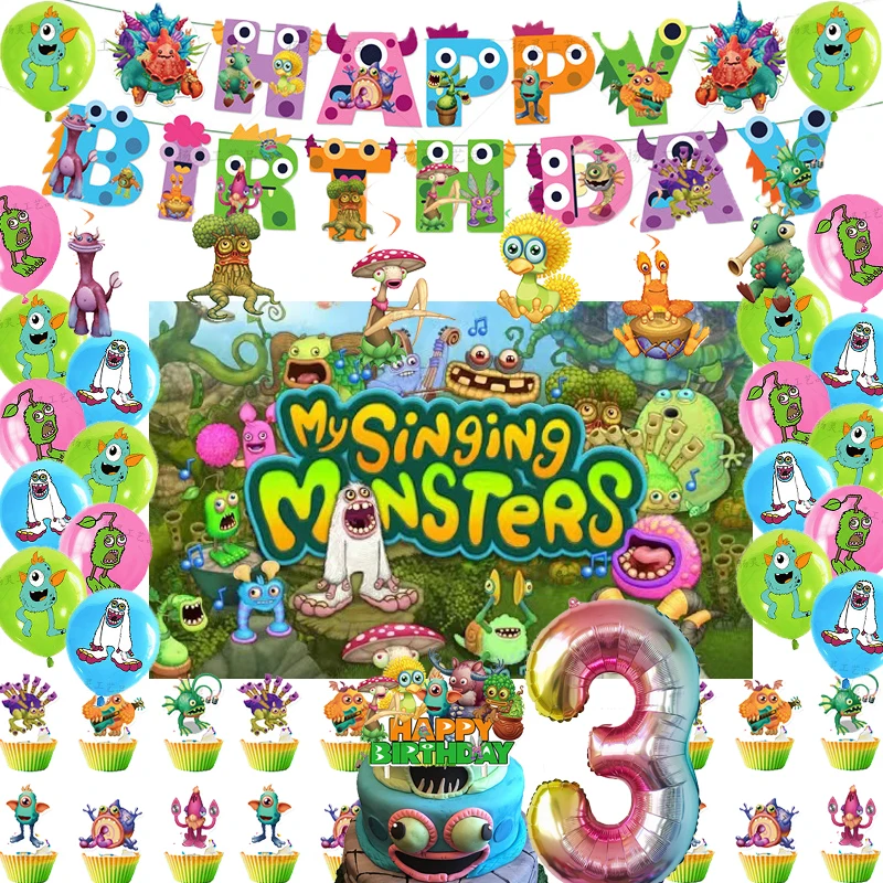 

Sing Theme My Singing Monsters Birthday Party Decoration Latex Balloon Photograph Backdrop Banner Cake Topper Baby Shower