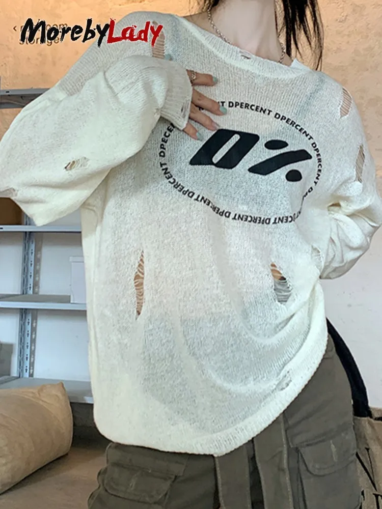 

Свитер Morebylady с ретро-принтом, женские белые вязаные пуловеры с вырезами, джемперы с вырезами, Y2k, американские винтажные топы, осень-лето