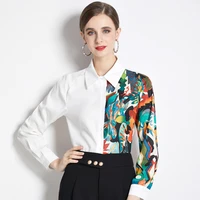spring and autumn womens white shirt new wave print long sleeve casual streetwear shirt top