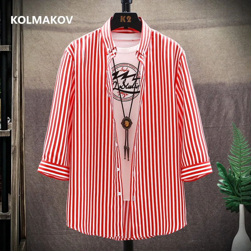 

2022 Spring and summer New Men's Fashion three quarter Sleeve Striped Shirt Mens Slim Business Casual High Quality Shirts men