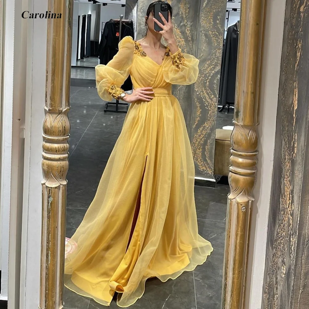 

V-Neck Pleated Puff Sleeve Sequined Prom Gown A-Line High Split Occasion Dress Robe De Soirée Women Ruched Evening Party Dress