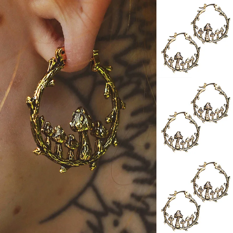 

Women Carved Branch Hoop Tree 1Pair Ancient Mushroom Earrings Gold Color Dangle Drop Jewelry Metal